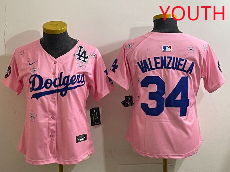 Youth Los Angeles Dodgers #34 Valenzuela Pink Sakura Edition 2025 Nike MLB Jersey style 40->youth mlb jersey->Youth Jersey